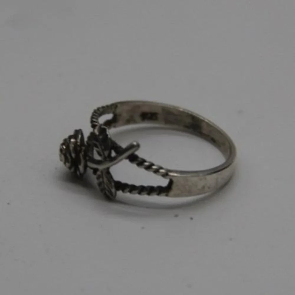 Sterling Silver Rose Flower Leaf Twisted Rope Band Ring Size 5.25